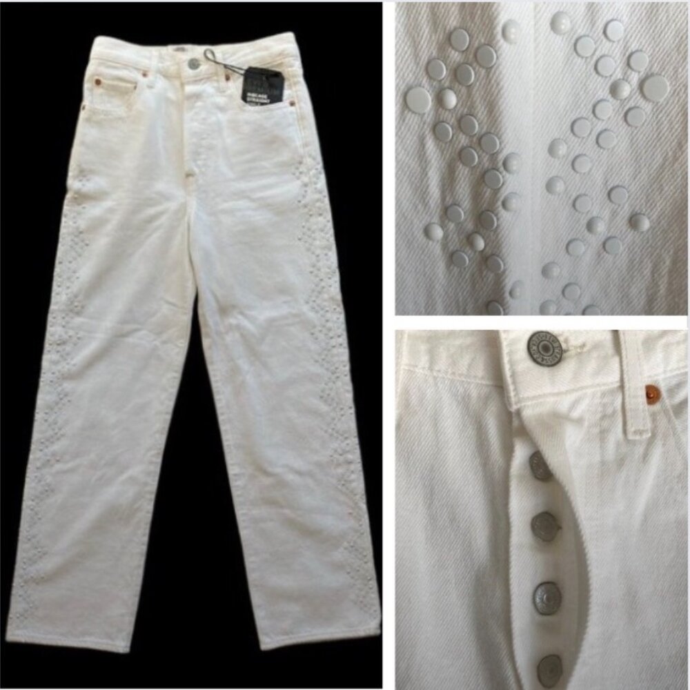 Levi’s Premium White Cotton High Rise Button Fly Studded Jean Sz 25 Straight Leg